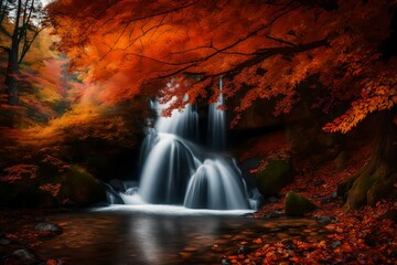 A hidden waterfall framed by trees in their full autumn splendor.