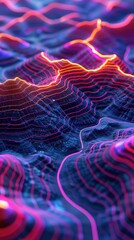 Obraz premium A 3D terrain flat map is covered with bright lines in the style of futuristic, neon light, sci-fi elements.