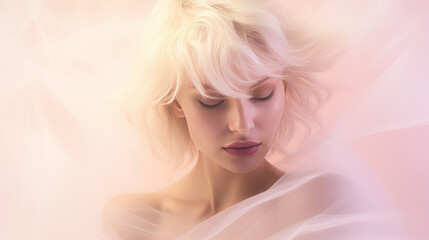 Ethereal portrait of a woman in delicate shades of white and magenta