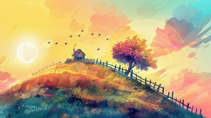 Watercolor of a beautiful hill, a small house in the distance on a hill wall art.
 - obrazy, fototapety, plakaty
