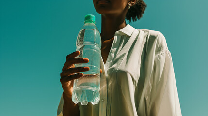 水の入ったペットボトルを胸の前に持つ女性の手元のクローズアップ写真