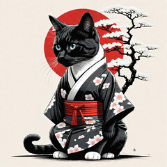 Illustration of a black cat dressed in a Japanese kimono