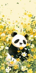 Fototapeta premium Watercolor of family of pandas surrounded by beautiful flowers.