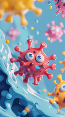 Minimalistic cartoon scene of virus particles, aiming to demystify viruses through playful imagery