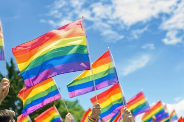 A group of people holding rainbow flags in the air