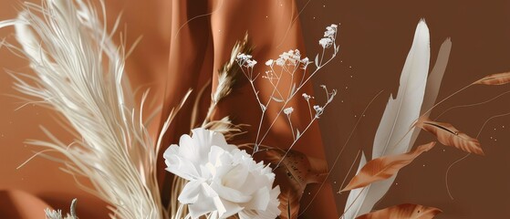 A brown and white paper card featuring flowers, in the style of contemporary romanticism. - obrazy, fototapety, plakaty
