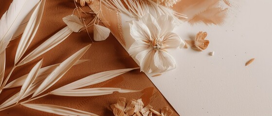 A brown and white paper card featuring flowers, in the style of contemporary romanticism.