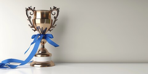 Golden trophy with blue ribbons on white background copy space