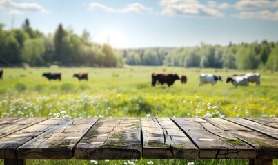 Wooden top in front of a green meadow with cows, nature, calming and soothing created with AI
