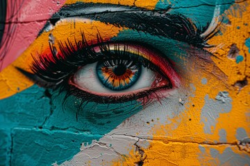 A detailed mural depicting a human eye with colorful eyelashes on a graffiti wall. AI Generated.