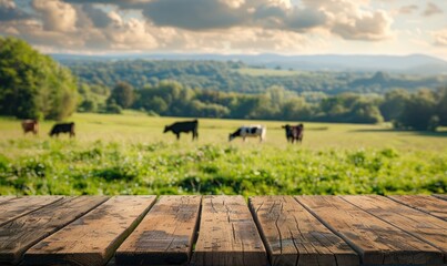 Fototapeta na wymiar Wooden top in front of a green meadow with cows, nature, calming and soothing created with AI