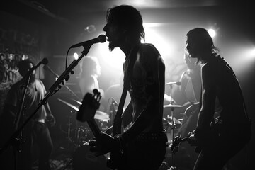 Silhouettes of a rock band with a shirtless vocalist are highlighted against the backdrop of stage lights. AI Generated.