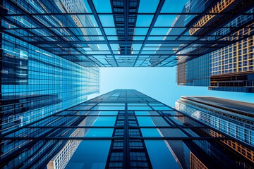 Fototapeta na wymiar A striking view upward through a corridor of towering skyscrapers into the clear blue sky. AI Generated.