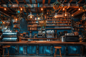 The vibrant blue café bar, adorned with rustic décor and warm lighting, invites a homely ambiance. AI Generated. - obrazy, fototapety, plakaty