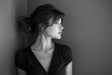 Black and white profile of a woman with a bun, showcasing minimalist fashion. The soft lighting accentuates her features in a simple yet profound portrayal. AI Generated.