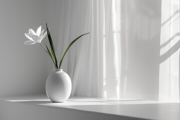 A minimalist white vase with a single flower sits on a table, bathed in soft light from a curtained window. AI Generated.