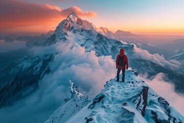 A solitary hiker stands at the edge of a snow-covered peak, gazing at the majestic mountain bathed in sunrise hues. AI Generated - obrazy, fototapety, plakaty