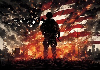 Heroic Stand: American Soldier Silhouette Against Flag with Cinematic Explosions, Urban Fantasy Backdrop - obrazy, fototapety, plakaty