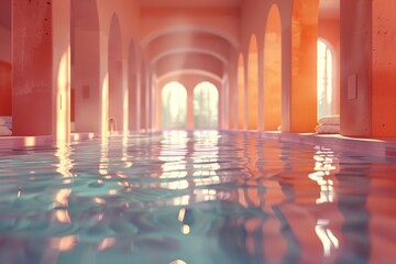 The warm sunset light filters through a luxury spa with arches reflecting on the tranquil pool. AI Generated.