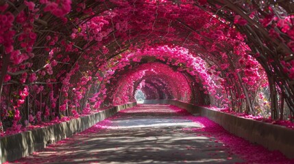 Very beautiful tunnel of pink flowers.AI generated image