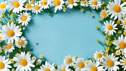 Charming daisy border on a turquoise background, perfect for spring-related advertising, wedding stationery, and environmental themes