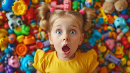 Obraz na płótnie Canvas Surprised girl against the background of details of a children's construction set