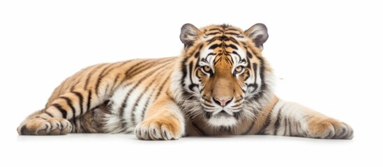 Obraz premium portrait of a Tiger lying on a white background.AI generated image