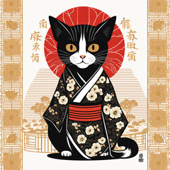 Cute black cat in traditional Japanese kimono. Chinese New Year card. illustration.