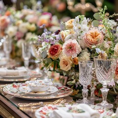 Elegantly arranged bouquets gracing a wedding reception table, illuminated by soft candlelight. 