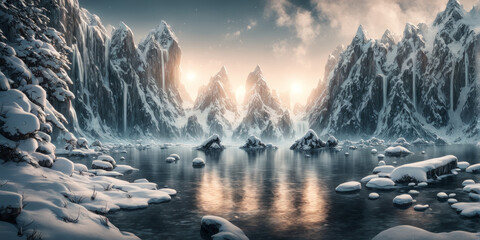 Foto einer verschneiter Gebirgslandschaft mit Wasserfall und See, mystisch, verträumt - obrazy, fototapety, plakaty