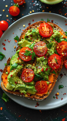 A plate of colorful sweet potato toast topped with avocado and cherry tomatoes