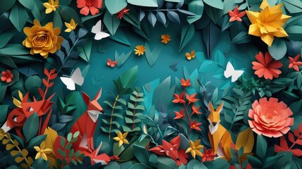 Enchanting Origami Woodland with Hidden Paper Cut Animals Among Vibrant Foliage
