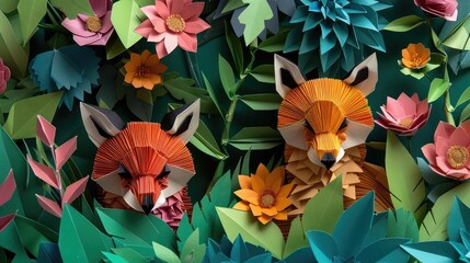 Enchanting Origami Woodland with Hidden Paper Crafted Animals among Vibrant Foliage and Flowers