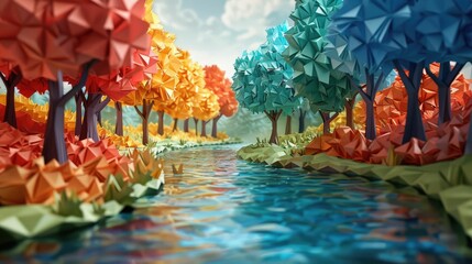 Naklejka premium Winding Origami River Through Vibrant Folded Paper Forest Reflecting Summer Sky