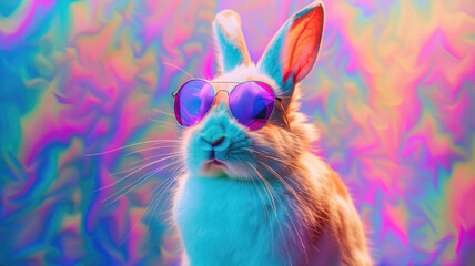 Obraz premium cool bunny with sunglasses on colorful background. ultra realistic on a vibrant background Generative AI