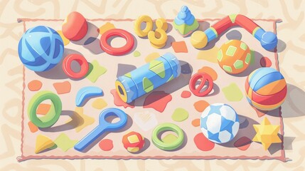 Joyful Scatter of Colorful Teething Toys on Soft Nursery Rug of Playful Infant Playtime Accessories