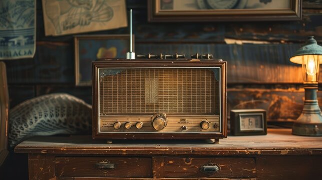 Photo of an old radio standing on an old wooden table.AI generated image