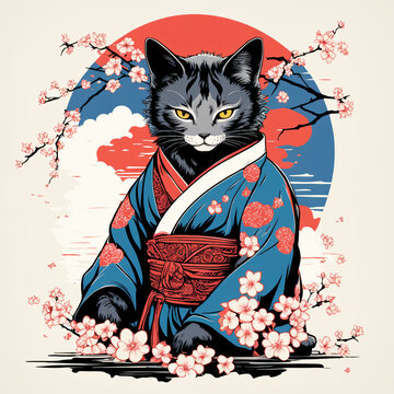 Kawaii cat in kimono with sakura flowers. illustration.