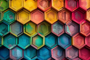 Colorful abstract background with a hexagon pattern of red, blue, green and yellow - obrazy, fototapety, plakaty