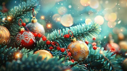 Obraz na płótnie Canvas Sparkling Christmas Ornaments Softly Lighting Up a Festive Evergreen Tree