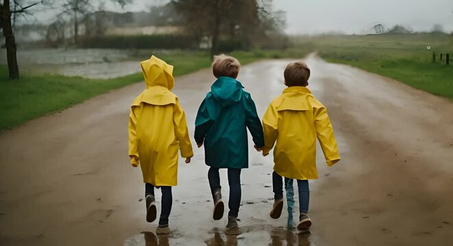 Children with raincoats on a rainy day.