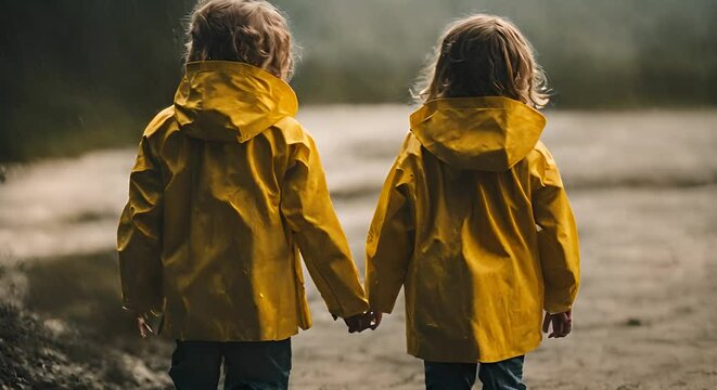 Children with raincoats on a rainy day.