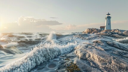 Waves on the rocks in front of the lighthouse .AI generated image