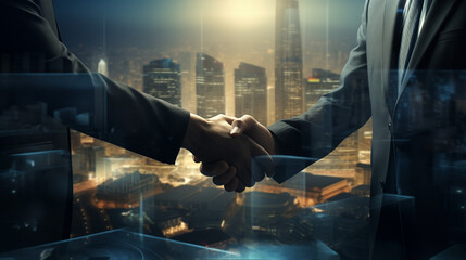 The double exposure image of the business man handshaking with another one during sunrise overlay with cityscape image. The concept of modern life, business, city life and teamwork.