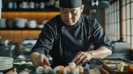 Asian chef cooking sushi in the restaurant kitchen AI generated image