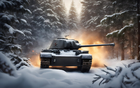 Closeup on a T34 Russian tank shooting at a Panzer IV tank in a snowy forest during world war 2