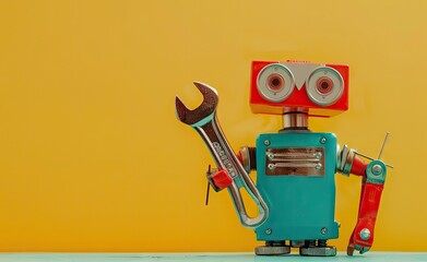 A futuristic robot holding tools, gears, technology, created with AI