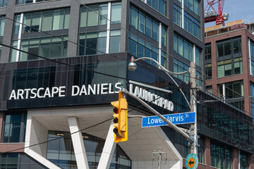 Fototapeta premium exterior building facade and sign of Artscape Daniels Launchpad located at East Tower, 130 Queens Quay East in downtown Toronto, Canada