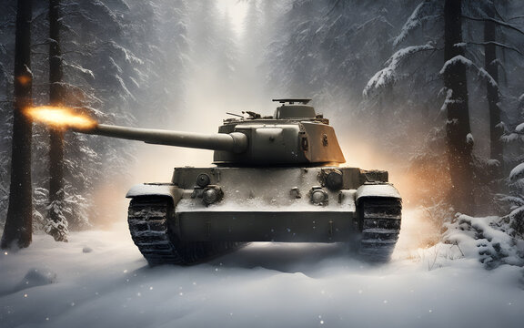 Closeup on a T34 Russian tank shooting at a Panzer IV tank in a snowy forest during world war 2