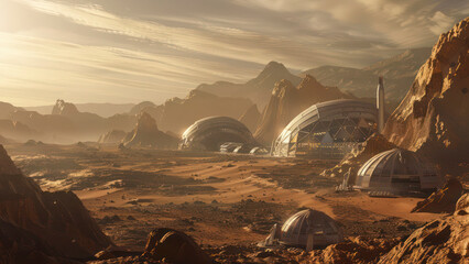 Mars colonization Mars landscape domes on the red planet - obrazy, fototapety, plakaty